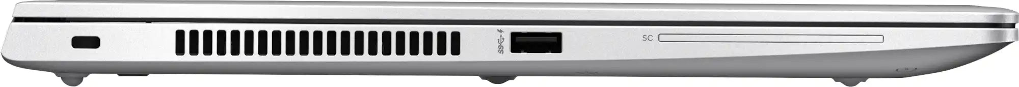 Linke Seite eines silbernen Laptops mit einem Lüfter, einem USB-Anschluss und einem SD-Kartenslot.