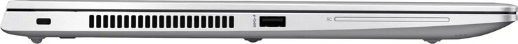 Linke Seite eines silbernen Laptops mit einem Lüfter, einem USB-Anschluss und einem SD-Kartenslot.
